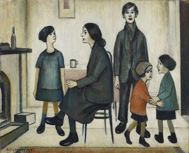 A domestic scene in a muted colour palette, featuring a woman in a black dress sitting in a modest interior, surrounded by children dressed in dark clothing. The figures have elongated, simplified forms.