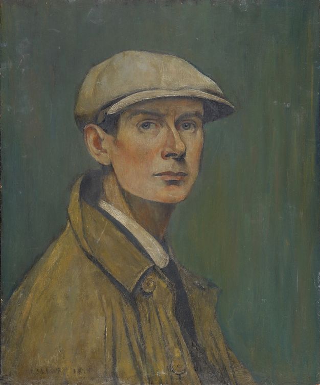 A detailed oil portrait of a man wearing a flat cap and a brown coat, set against a muted green background. He has a sharp, focused gaze and realistic rendering.