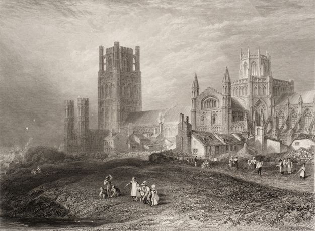 A black-and-white engraving of a Gothic-style cathedral with multiple towers. People are seen working in a field in the foreground.